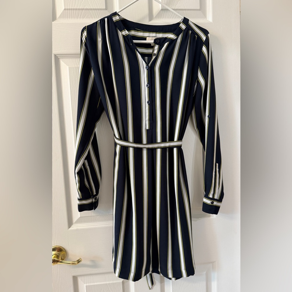 LOFT Navy, White and Yellow Striped dress